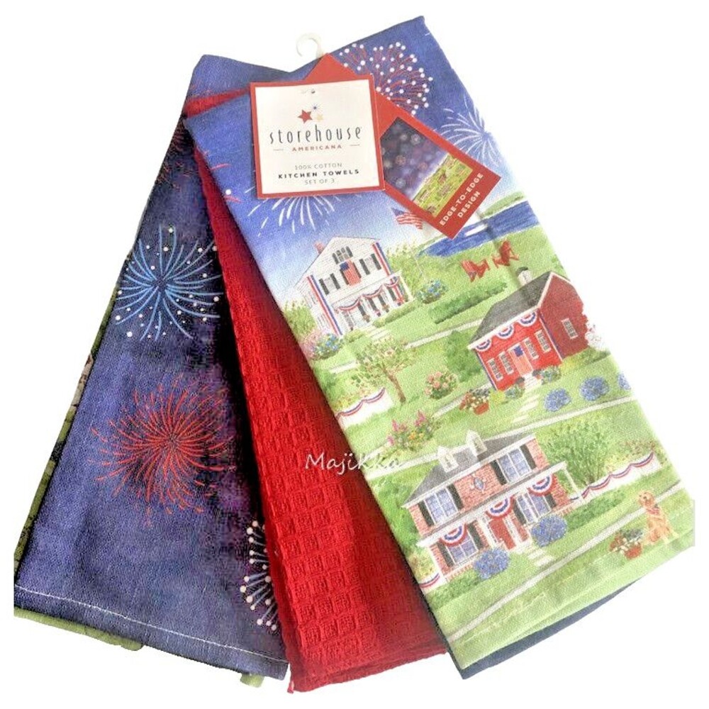 Storehouse Dish Towels Set of 3 July 4th Fireworks Red White Blue Historic Town